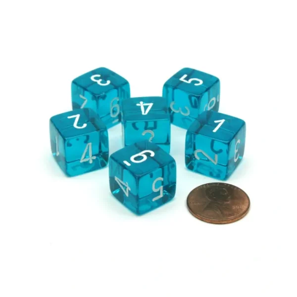 Translucent 15mm 6 Sided D6 Chessex Dice, 6 Pieces - Teal with White Numbers - Your Source for Gaming Essentials Outlet