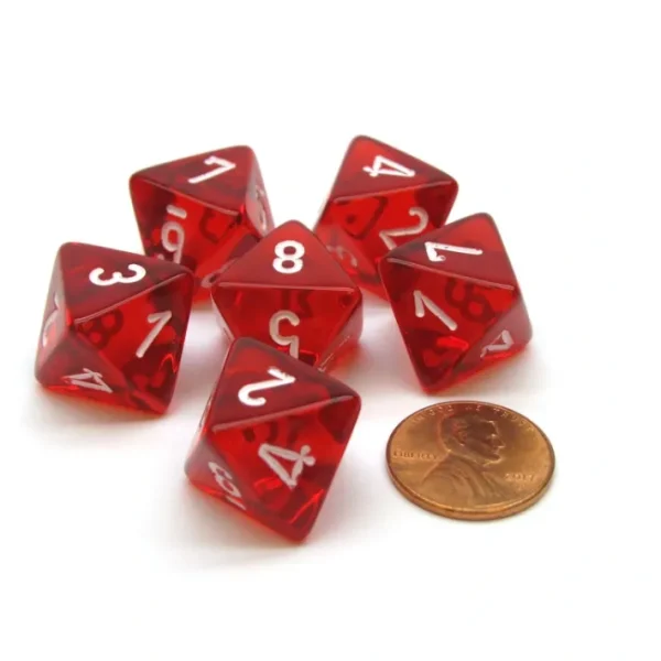 Translucent 15mm 8 Sided D8 Chessex Dice, 6 Pieces - Red with White - Your Source for Gaming Essentials Fashion