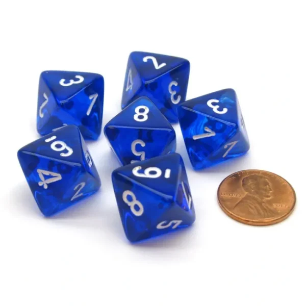 Translucent 15mm 8 Sided D8 Chessex Dice, 6 Pieces - Blue with White - Your Source for Gaming Essentials Clearance