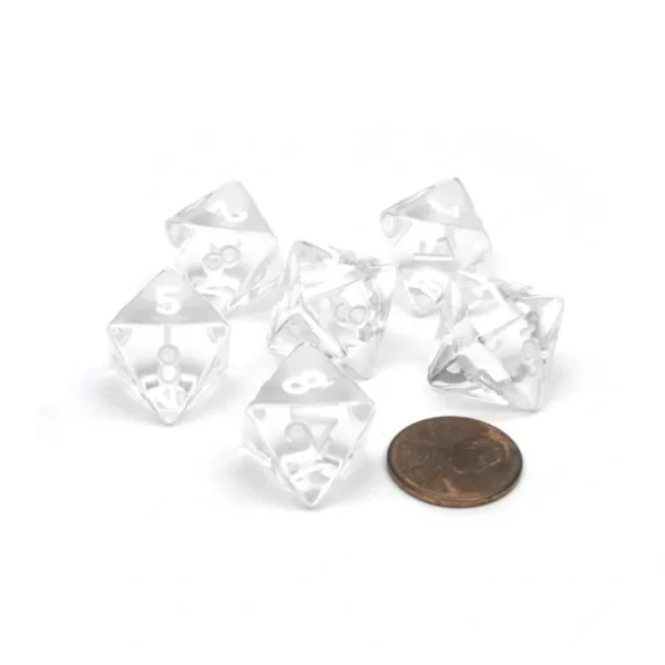 Translucent 15mm 8 Sided D8 Chessex Dice, 6 Pieces - Clear with White Numbers - Your Source for Gaming Essentials Cheap