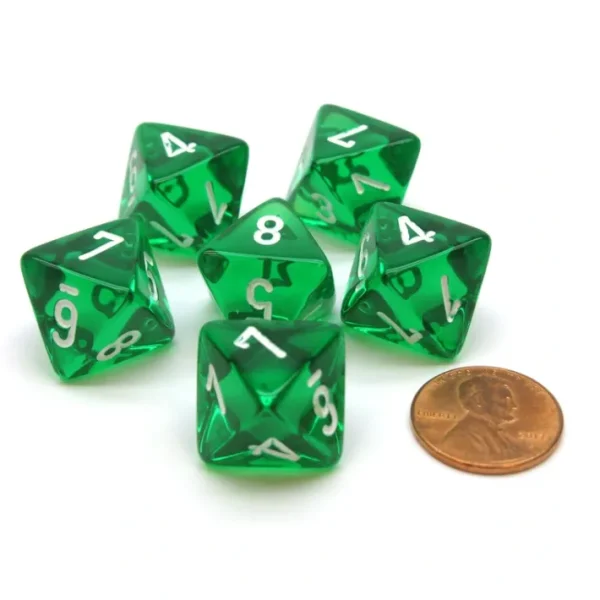 Translucent 15mm 8 Sided D8 Chessex Dice, 6 Pieces - Green with White - Your Source for Gaming Essentials Cheap