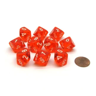 Translucent 16mm D10 (0-9) Chessex Dice, 10 Pieces - Orange with White Numbers - Your Source for Gaming Essentials Store