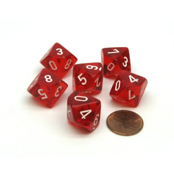 Translucent 16mm D10 (0-9) Chessex Dice, 6 Pieces - Red with White Numbers - Your Source for Gaming Essentials Sale