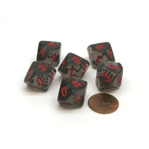 Translucent 16mm D10 (0-9) Chessex Dice, 6 Pieces - Smoke with Red Numbers - Your Source for Gaming Essentials Discount