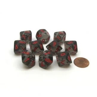 Translucent 16mm D10 (0-9) Chessex Dice, 10 Pieces - Smoke with Red Numbers - Your Source for Gaming Essentials Online