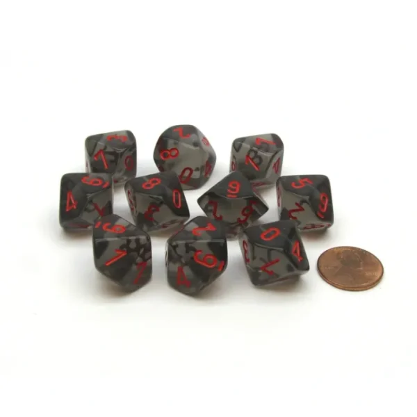 Translucent 16mm D10 (0-9) Chessex Dice, 10 Pieces - Smoke with Red Numbers - Your Source for Gaming Essentials Online