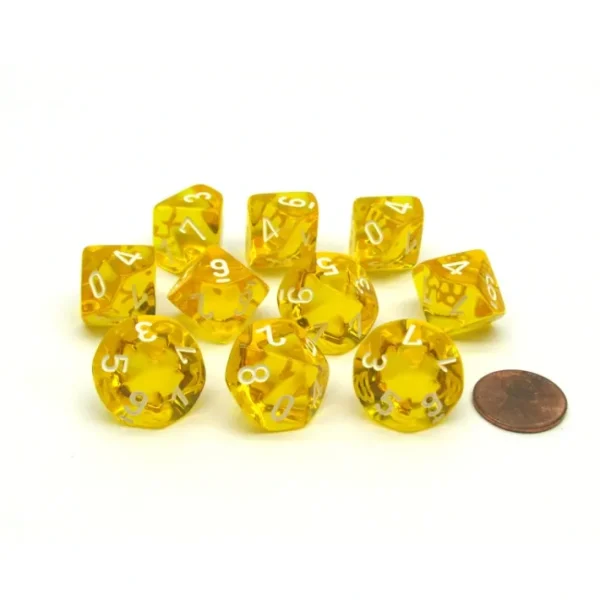 Translucent 16mm D10 (0-9) Chessex Dice, 10 Pieces - Yellow with White Numbers - Your Source for Gaming Essentials Clearance