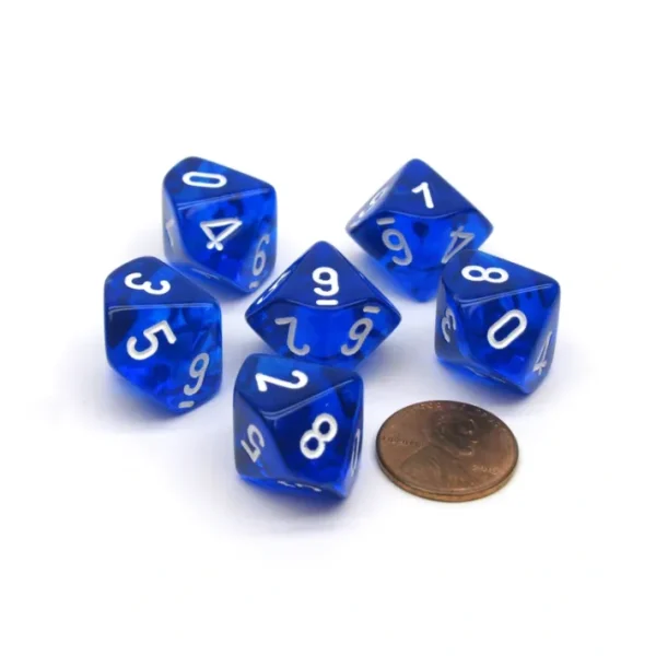 Translucent 16mm D10 (0-9) Chessex Dice, 6 Pieces - Blue with White Numbers - Your Source for Gaming Essentials Discount