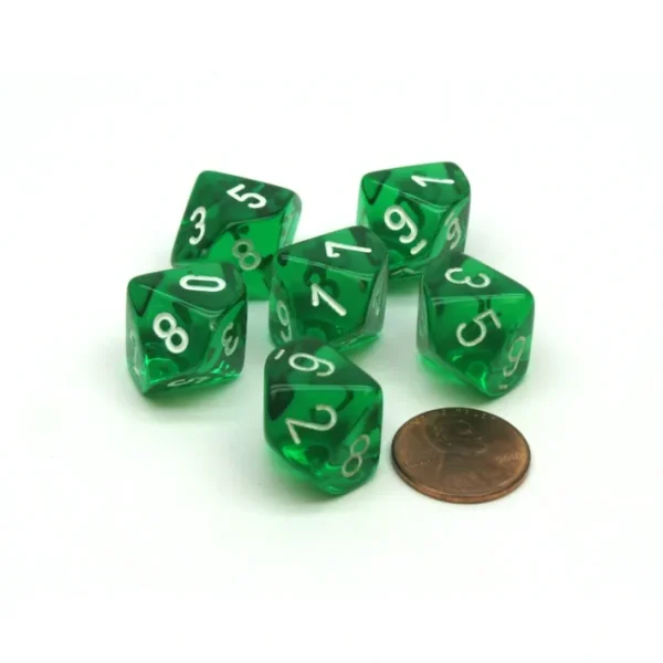 Translucent 16mm D10 (0-9) Chessex Dice, 6 Pieces - Green with White Numbers - Your Source for Gaming Essentials New