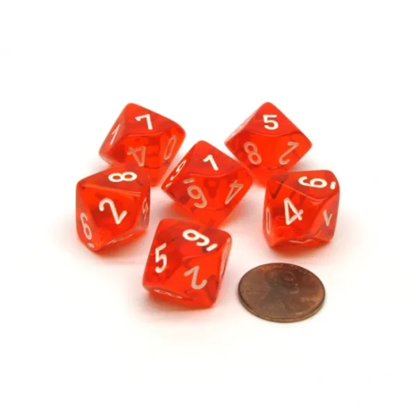 Translucent 16mm D10 (0-9) Chessex Dice, 6 Pieces - Orange with White Numbers - Your Source for Gaming Essentials Cheap