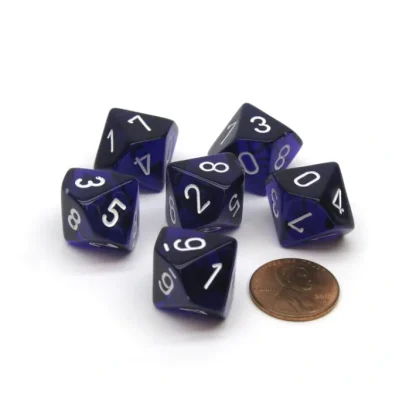 Translucent 16mm D10 (0-9) Chessex Dice, 6 Pieces - Purple with White Numbers - Your Source for Gaming Essentials Outlet