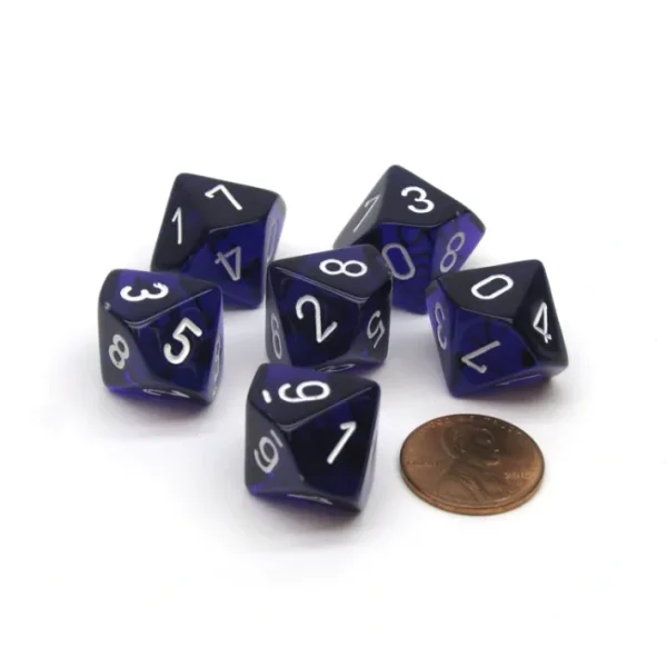 Translucent 16mm D10 (0-9) Chessex Dice, 6 Pieces - Purple with White Numbers - Your Source for Gaming Essentials Outlet