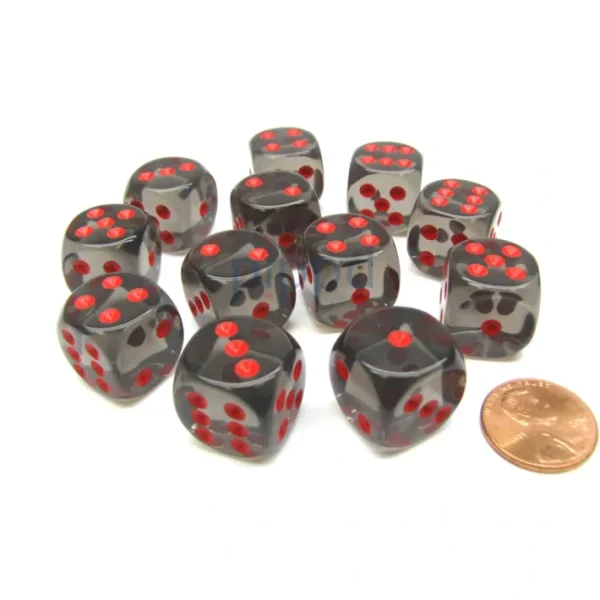 Translucent 16mm D6 Chessex Dice Block (12 Die) - Smoke with Red Pips - Your Source for Gaming Essentials New