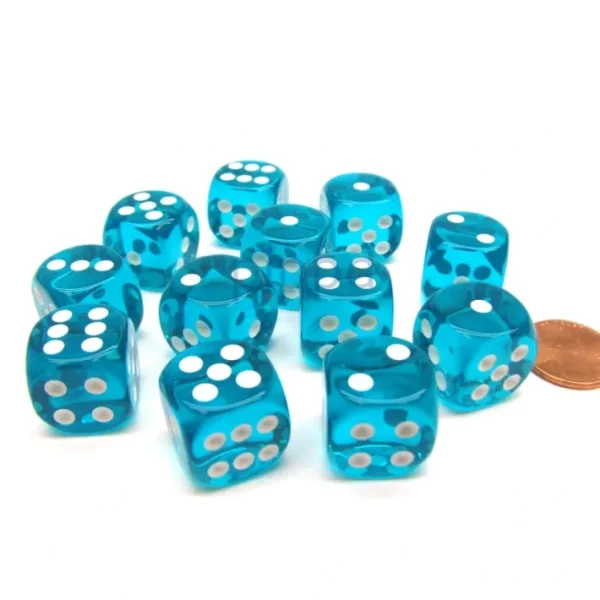 Translucent 16mm D6 Chessex Dice Block (12 Die) - Teal with White Pips - Your Source for Gaming Essentials Cheap