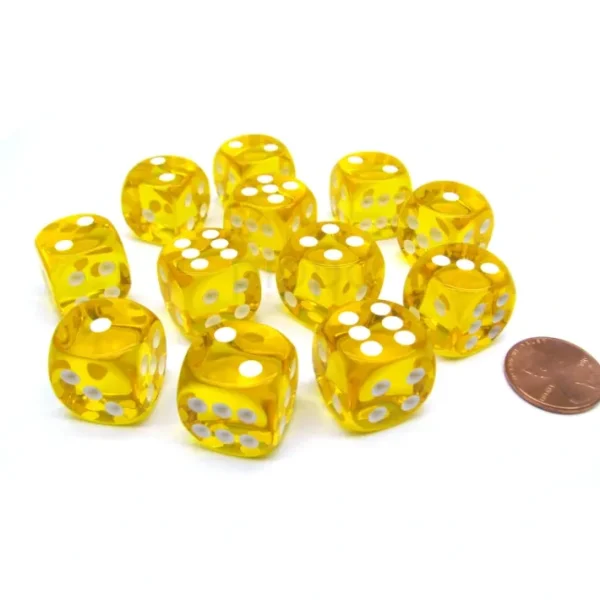 Translucent 16mm D6 Chessex Dice Block (12 Die) - Yellow with White Pips - Your Source for Gaming Essentials Shop