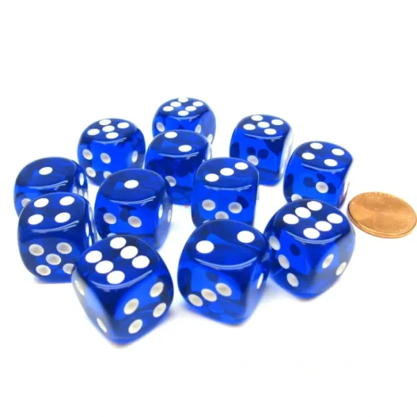 Translucent 16mm D6 Chessex Dice Block (12 Die) - Blue with White Pips - Your Source for Gaming Essentials Fashion