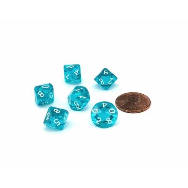 Translucent 10mm Mini 10 Sided D10 Dice, 6 Pieces - Teal with White Numbers - Your Source for Gaming Essentials Store