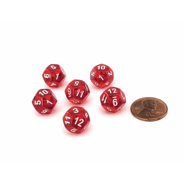 Translucent 12mm Mini 12 Sided D12 Dice, 6 Pieces - Red with White Numbers - Your Source for Gaming Essentials Outlet