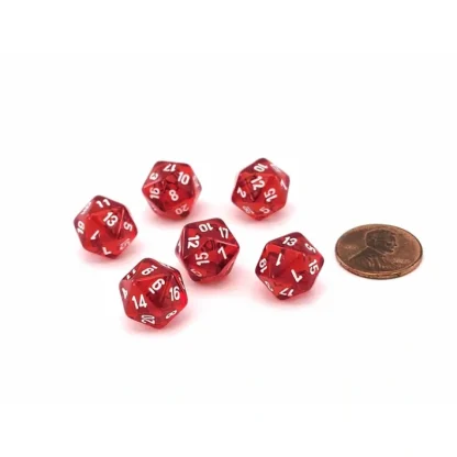 Translucent 12mm Mini 20 Sided D20 Dice, 6 Pieces - Red with White Numbers - Your Source for Gaming Essentials Online