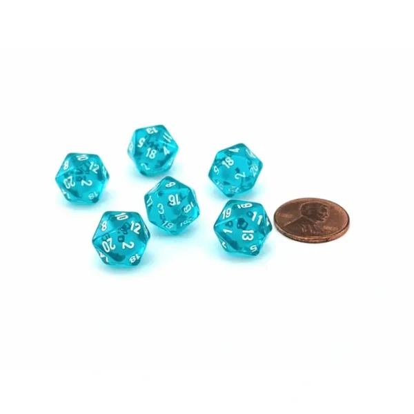 Translucent 12mm Mini 20 Sided D20 Dice, 6 Pieces - Teal with White Numbers - Your Source for Gaming Essentials Shop