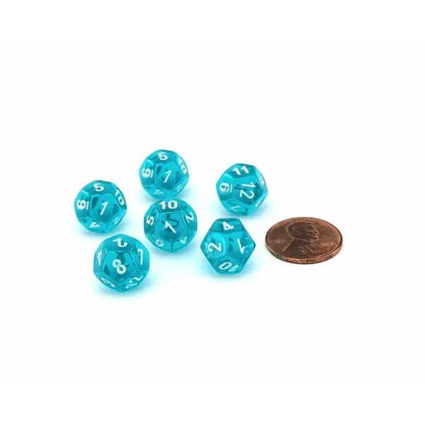 Translucent 12mm Mini 12 Sided D12 Dice, 6 Pieces - Teal with White Numbers - Your Source for Gaming Essentials Cheap