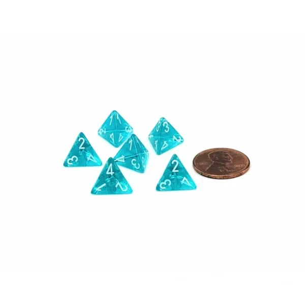 Translucent 12mm Mini 4 Sided D4 Dice, 6 Pieces - Teal with White Numbers - Your Source for Gaming Essentials New