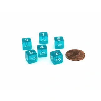 Translucent 9mm Mini 6 Sided D6 Dice, 6 Pieces - Teal with White Numbers - Your Source for Gaming Essentials Store