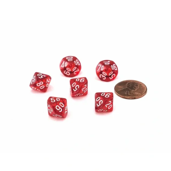 Translucent 10mm Mini Tens D10 Dice, 6 Pieces - Red with White Numbers - Your Source for Gaming Essentials Cheap