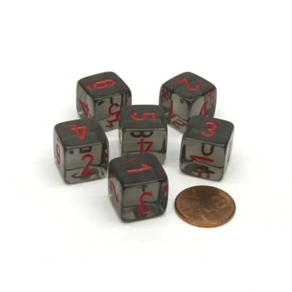 Translucent 15mm 6-Sided D6 Chessex Dice, 6 Pieces - Smoke with Red Numbers - Your Source for Gaming Essentials Shop