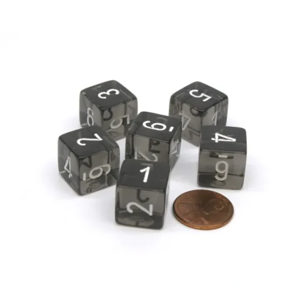 Translucent 15mm 6-Sided D6 Chessex Dice, 6 Pieces - Smoke with White Numbers - Your Source for Gaming Essentials Fashion