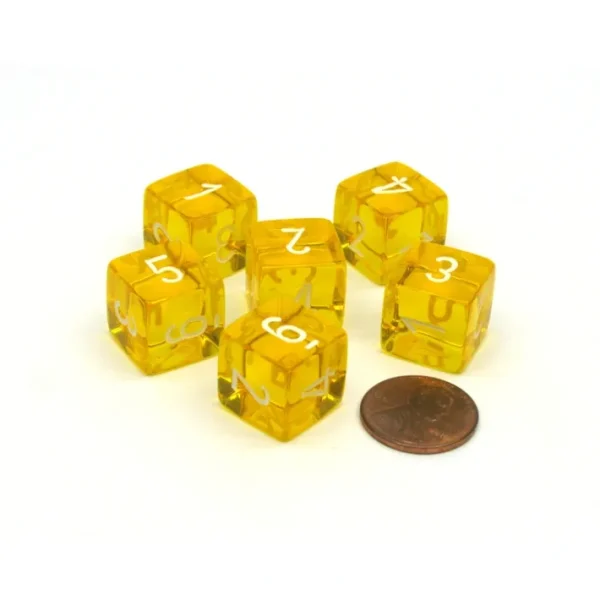 Translucent 15mm 6-Sided D6 Chessex Dice, 6 Pieces - Yellow with White Numbers - Your Source for Gaming Essentials Discount