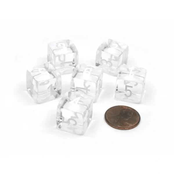 Translucent 15mm 6-Sided D6 Chessex Dice, 6 Pieces - Clear with White Numbers - Your Source for Gaming Essentials Flash Sale