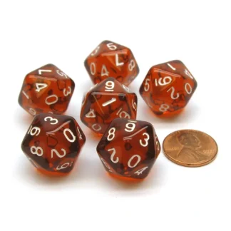 Translucent 18mm 20-Sided D10 Dice Numbered 0-9 Twice, 6 Pieces - Brown - Your Source for Gaming Essentials New