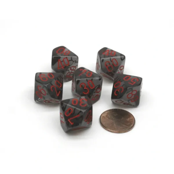 Translucent 16mm Tens D10 (00-90) Chessex Dice 6 Pieces - Smoke with Red Numbers - Your Source for Gaming Essentials Fashion