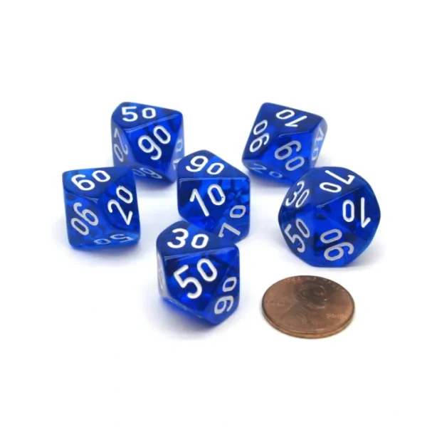 Translucent 16mm Tens D10 (00-90) Dice, 6 Pieces - Blue with White Numbers - Your Source for Gaming Essentials Shop