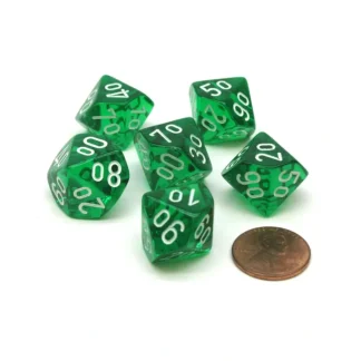 Translucent 16mm Tens D10 (00-90) Dice, 6 Pieces - Green with White Numbers - Your Source for Gaming Essentials Discount