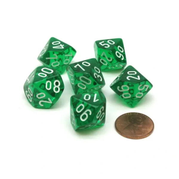 Translucent 16mm Tens D10 (00-90) Dice, 6 Pieces - Green with White Numbers - Your Source for Gaming Essentials Discount