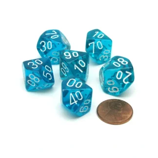 Translucent 16mm Tens D10 (00-90) Dice, 6 Pieces - Teal with White Numbers - Your Source for Gaming Essentials Online