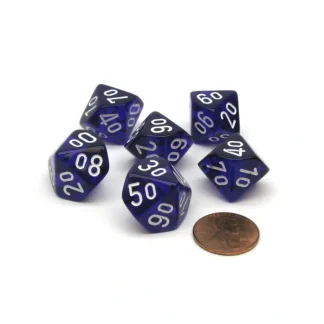 Translucent 16mm Tens D10 (00-90) Dice, 6 Pieces - Purple with White Numbers - Your Source for Gaming Essentials Best