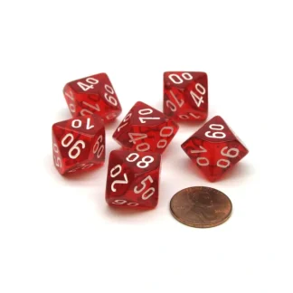 Translucent 16mm Tens D10 (00-90) Dice, 6 Pieces - Red with White Numbers - Your Source for Gaming Essentials Fashion