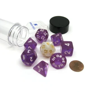 Tube of 7 Polyhedral RPG Sirius Dice with Bonus D20 - Translucent Purple Resin - Your Source for Gaming Essentials Best