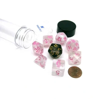 Tube of 7 Polyhedral RPG Sirius Dice with Bonus D20 - White Cloud, Pink Ink - Your Source for Gaming Essentials Clearance