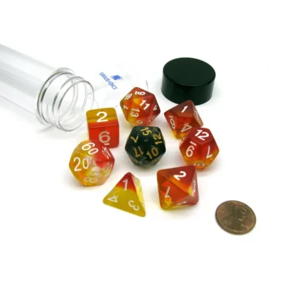 Tube of 7 Polyhedral RPG Sirius Dice with Bonus D20 - Yellow, Red Translucent - Your Source for Gaming Essentials Flash Sale