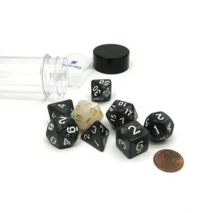 Tube of 7 Polyhedral RPG Sirius Dice with Bonus D20- Pearl Charcoal Grey Acrylic - Your Source for Gaming Essentials Online