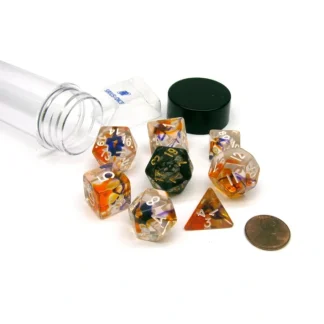 Tube of 7 Polyhedral RPG Sirius Dice with Bonus D20 - Purple, Orange Clear - Your Source for Gaming Essentials Best