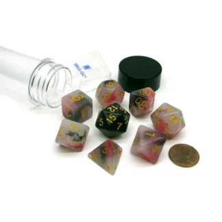 Tube of 7 Polyhedral RPG Sirius Dice with Bonus D20 - Pink, Black, Red Marble - Your Source for Gaming Essentials Fashion