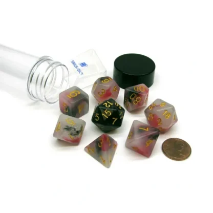 Tube of 7 Polyhedral RPG Sirius Dice with Bonus D20 - Pink, Black, Red Marble - Your Source for Gaming Essentials Fashion