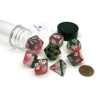 Tube of 7 Polyhedral RPG Sirius Dice with Bonus D20 - Pink, Clear, Black Resin - Your Source for Gaming Essentials Cheap