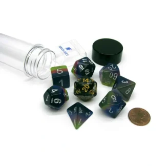 Tube of 7 Polyhedral RPG Sirius Dice with Bonus D20 - Pink, Green, Blue - Your Source for Gaming Essentials Online