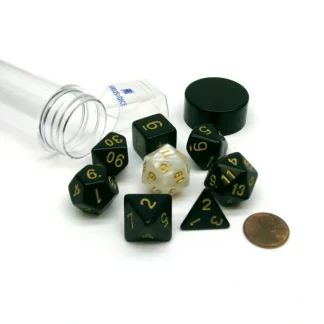 Tube of 7 Polyhedral RPG Sirius Dice with Bonus D20 - Solid Black, Gold Ink - Your Source for Gaming Essentials Outlet